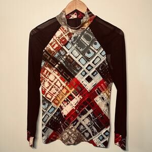 Simply Art by Dolcezza Knit Top Artsy Black Abstract Sheer Sleeve Mock Neck S